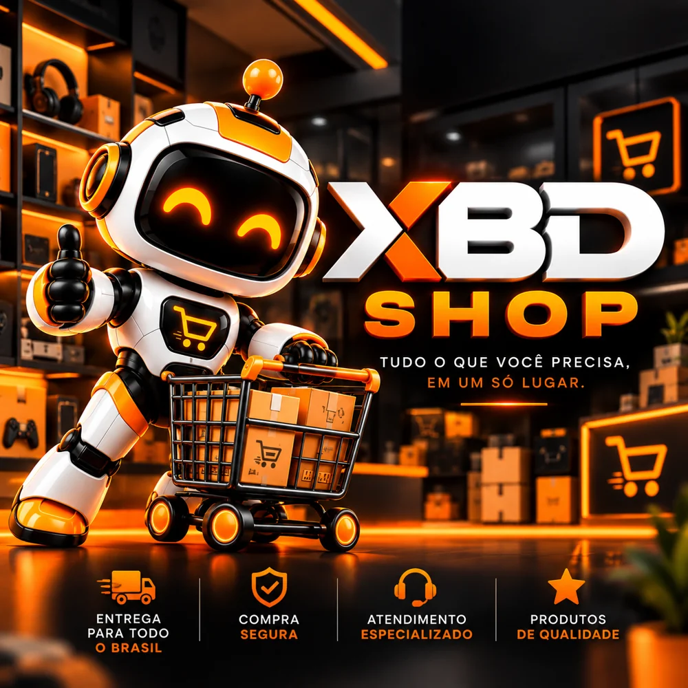 Mascote robô da XBD Shop em ambiente tecnológico